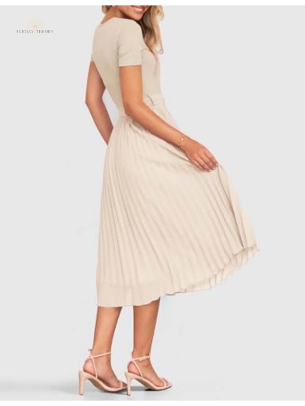 ZESICA Rib Knit Midi Dress Short Sleeve A-Line Chiffon - Picture 5 of 6